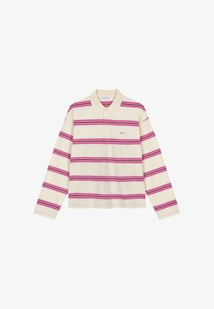 Langärmliges Poloshirt in Creme mit horizontalen rosa und dunkelvioletten Streifen. Es verfügt über einen Kragen und eine Drei-Knopf-Blende. Dezentes Logo auf der Brust.