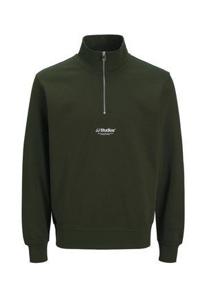 Dark green sweatshirt with high collar, half zip, and ribbed cuffs. Features a logo printed on the chest in white. Smooth, soft texture.
