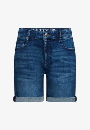 Shorts in denim blu scuro, con orlo arrotolato, tasche anteriori e chiusura con bottone. La texture è liscia con un lavaggio leggermente sbiadito.