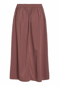 Maxi sukně v tmavě mauve barvě, vyrobená z lehkého materiálu. Obsahuje elastický pas a plisovaný design pro vzdušný vzhled.