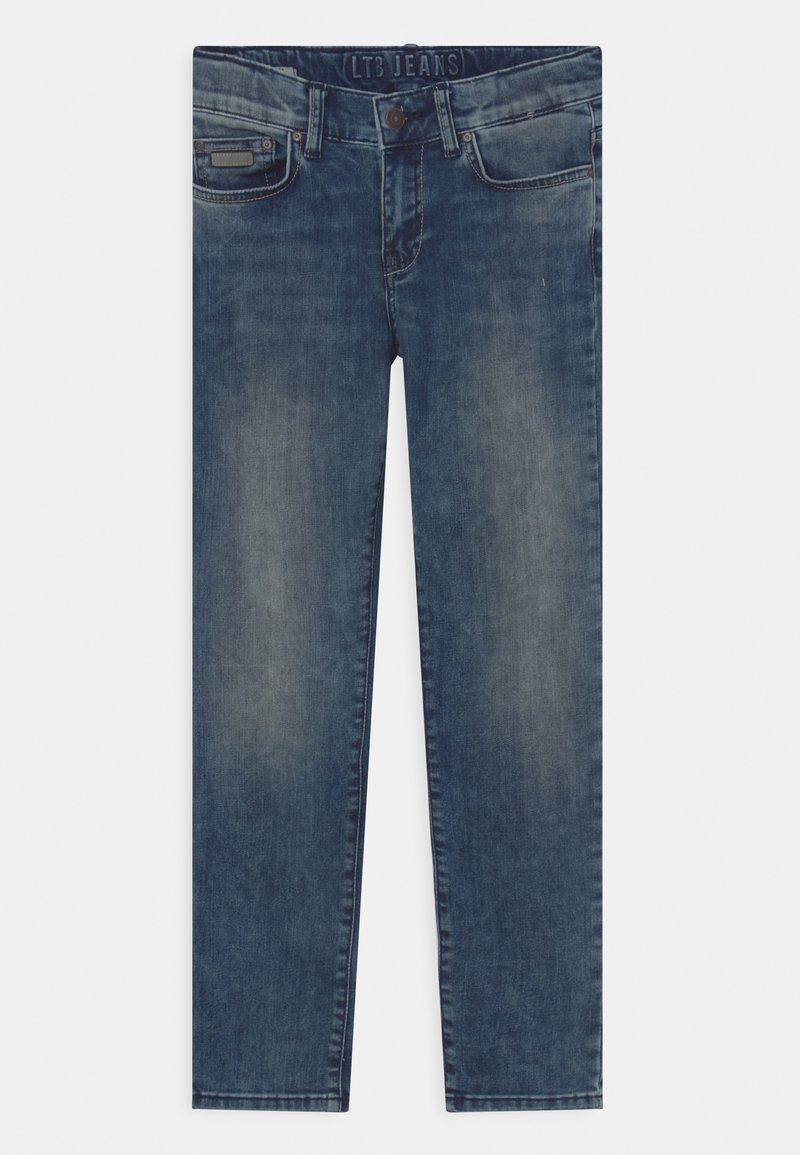 Jean en denim bleu avec détails délavés, design cinq poches, fermeture par boutons et marquage LT8 JEANS sur la ceinture.