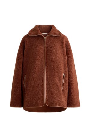 Braune Fleecejacke mit strukturierter Oberfläche, mit Kragen, durchgehendem Reißverschluss und zwei seitlichen Reißverschlusstaschen. Mit glatten Akzenten entlang der Kanten.