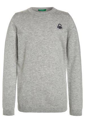 Jasnoszary sweter z długim rękawem i okrągłym dekoltem, z prążkowanymi mankietami i krawędzią oraz małym czarnym haftowanym logo na lewej górnej części klatki piersiowej.