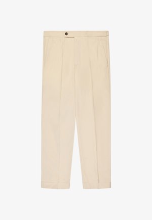 Beige maßgeschneiderte Hose mit Knopfverschluss, Seitentaschen, vorderen Bügelfalten und umgeschlagenen Säumen.