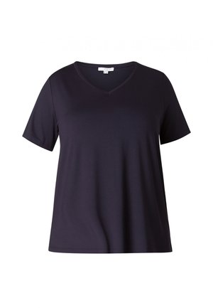 Donker marineblauw V-hals t-shirt met korte mouwen. Gemaakt van een zachte, lichte stof met een relaxte pasvorm. Eenvoudig, klassiek ontwerp zonder patronen ofaccenten.