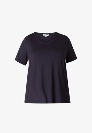 Donker marineblauw V-hals t-shirt met korte mouwen. Gemaakt van een zachte, lichte stof met een relaxte pasvorm. Eenvoudig, klassiek ontwerp zonder patronen ofaccenten.