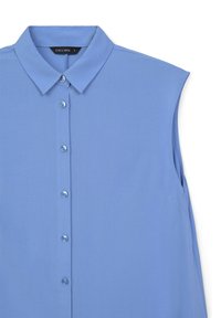 Blusa senza maniche di colore azzurro chiaro con colletto, con chiusura a bottoni frontale e texture del tessuto liscia, etichettata "CALLIOPE".