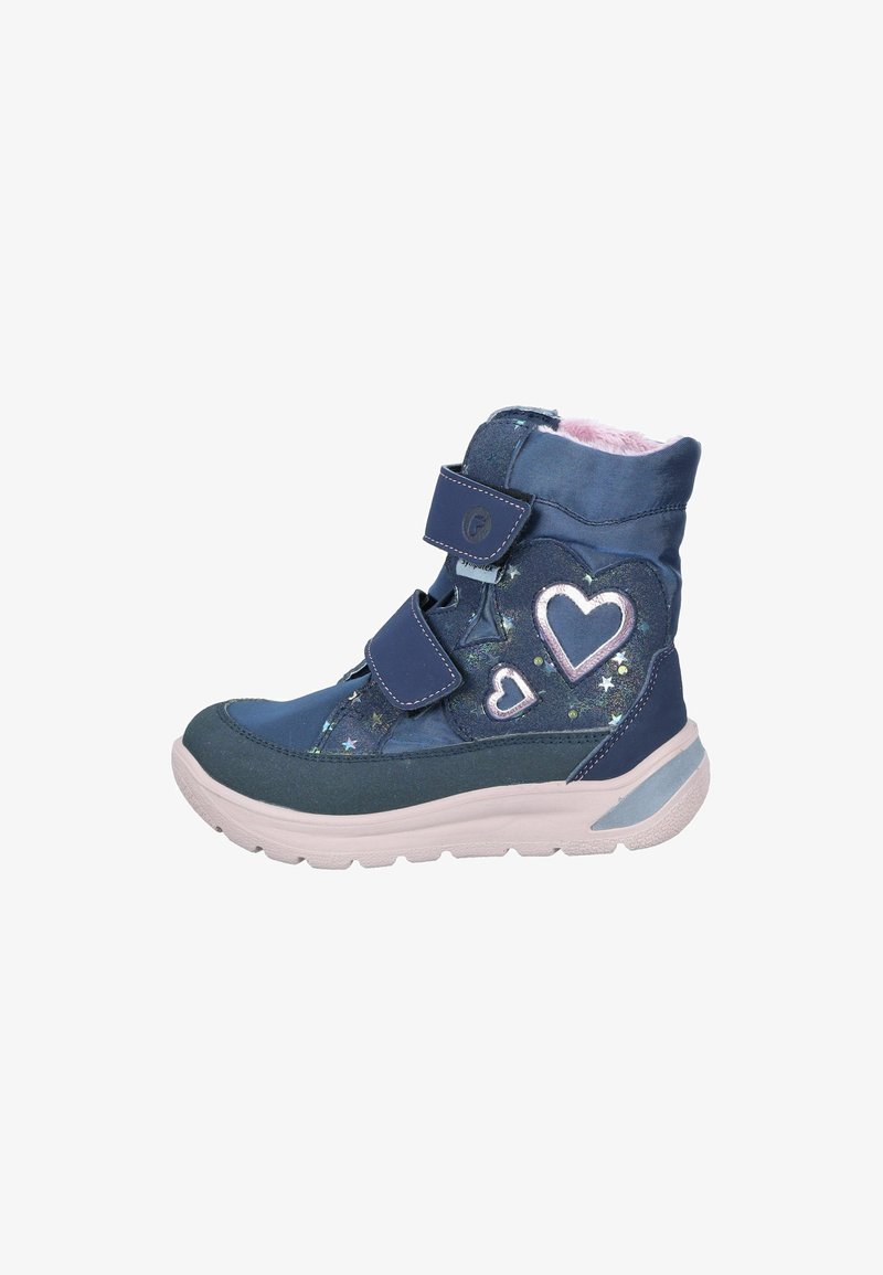 Blue high-top boots with light pink fur lining, features stars and heart patterns, dual Velcro straps, and a rubber sole.