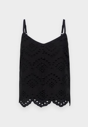 Black tank top with thin straps, featuring an embroidered pattern, scalloped hem, and button details down the front. Made from lightweight fabric.