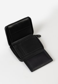 Black leather wallet with a zip closure, featuring card slots, a clear ID pocket, and a smooth, matte texture.