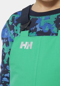 Zelené voděodolné kombinézy s nastavitelnými černými popruhy. Na přední straně se nachází stříbrné logo "HH" a pod ním je texturovaná košile s modrým maskáčovým vzorem.