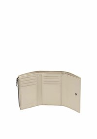 Beżowy skórzany portfel z wieloma przegródkami na karty, kieszenią na zamek i gładkim wykończeniem. Kompaktowy design z delikatnymi przeszyciami.