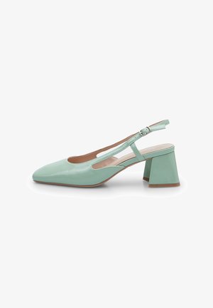 Mint green slingback shoe with a pointed toe and open cutouts. Features a block heel and an adjustable ankle strap. Smooth, glossy finish.