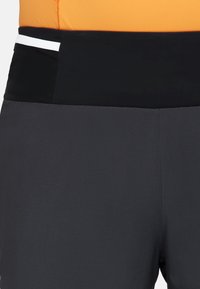 Idrottsshorts med en svart midja med en vit rand, grått tyg och en slät textur, designade för komfort och prestanda.