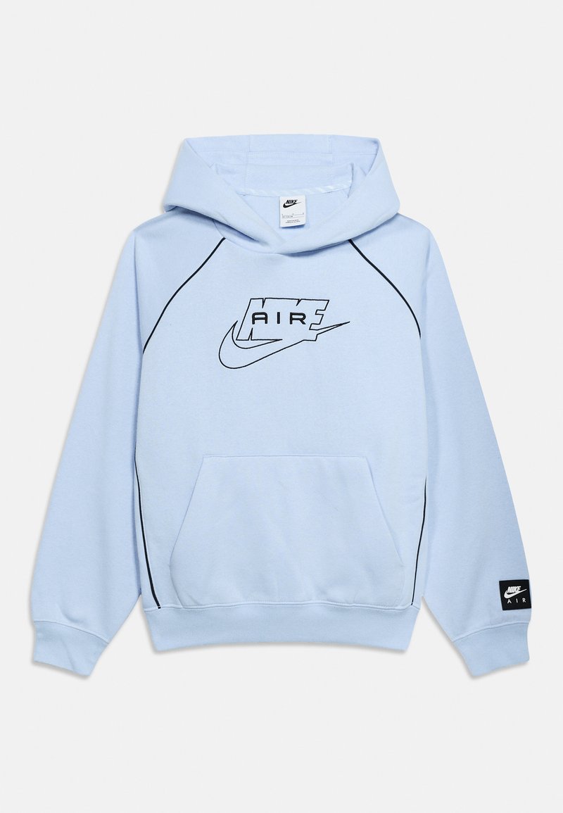 Φουλάρι Nike Air σε ανοιχτό γαλάζιο με μαύρο περίγραμμα, μπροστινή τσέπη κανγκούρου και μαύρο λογότυπο Nike Air στο στήθος και μανσέτα του μανικιού.