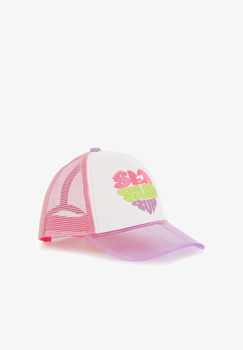 Casquette rose et blanche avec une visière en plastique, des côtés en mesh, et un graphisme en lettres majuscules "SLA SAND UP" en couleurs verte et rose.