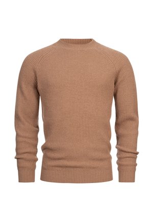 Suéter marrón de punto canalé con escote redondeado y mangas largas. Presenta un bajo ajustado y un tejido texturizado.