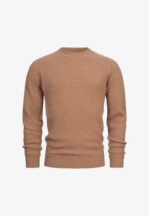 Brązowy sweter z prążkowanej dzianiny z okrągłym dekoltem i długimi rękawami. Posiada dopasowany dół i fakturowany materiał.