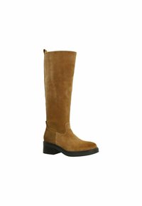 Knee-high brown suede boots with a chunky black rubber sole. Features a smooth texture and minimalistic design, no visible hardware or accents.