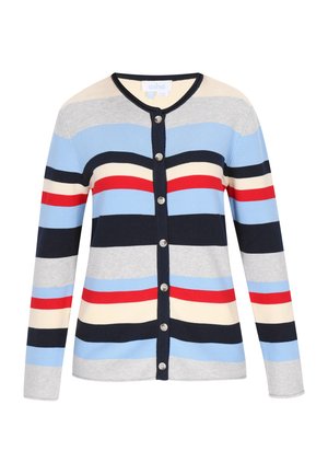 Sweter w paski w kolorach jasnoniebieskim, granatowym, szarym i czerwonym. Posiada zaokrąglony dekolt, długie rękawy oraz pięć guzików z przodu.
