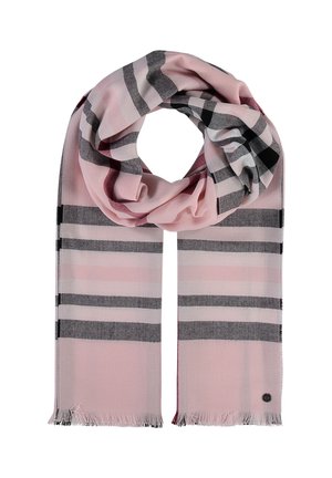 Écharpe rose douce avec motif à carreaux noir, blanc et bordeaux, bords frangés, et une petite étiquette ronde en métal avec logo à une extrémité.