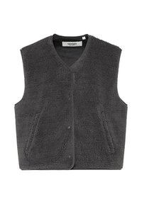 Gray fleece vest with a V-neck, snap button closure, and two front pockets. The fabric has a soft, textured surface.