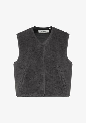 Gray fleece vest with a V-neck, snap button closure, and two front pockets. The fabric has a soft, textured surface.