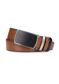 Brązowy skórzany pasek o teksturowanej powierzchni z prostokątną srebrną klamrą z czarnym środkiem. Uzupełniony czarnym końcem paska.