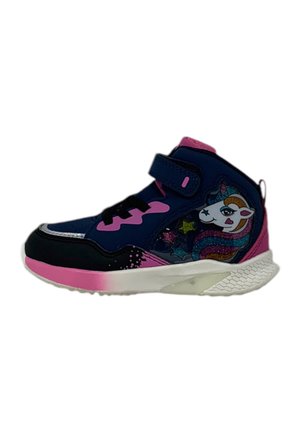 Sneakers alte navy con accenti rosa, caratterizzati da una grafica di unicorno e design a stelle. Chiusura con strap in velcro e suola in gomma testurizzata.