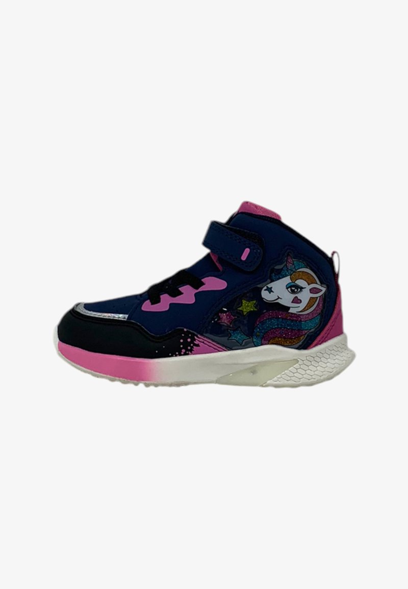Sneakers alte navy con accenti rosa, caratterizzati da una grafica di unicorno e design a stelle. Chiusura con strap in velcro e suola in gomma testurizzata.