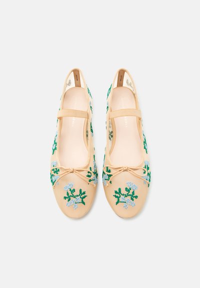 Een paar beige ballerina's met groen- en lichtblauwe bloemenborduursels en elastische bandjes over de bovenkant, op een witte achtergrond.