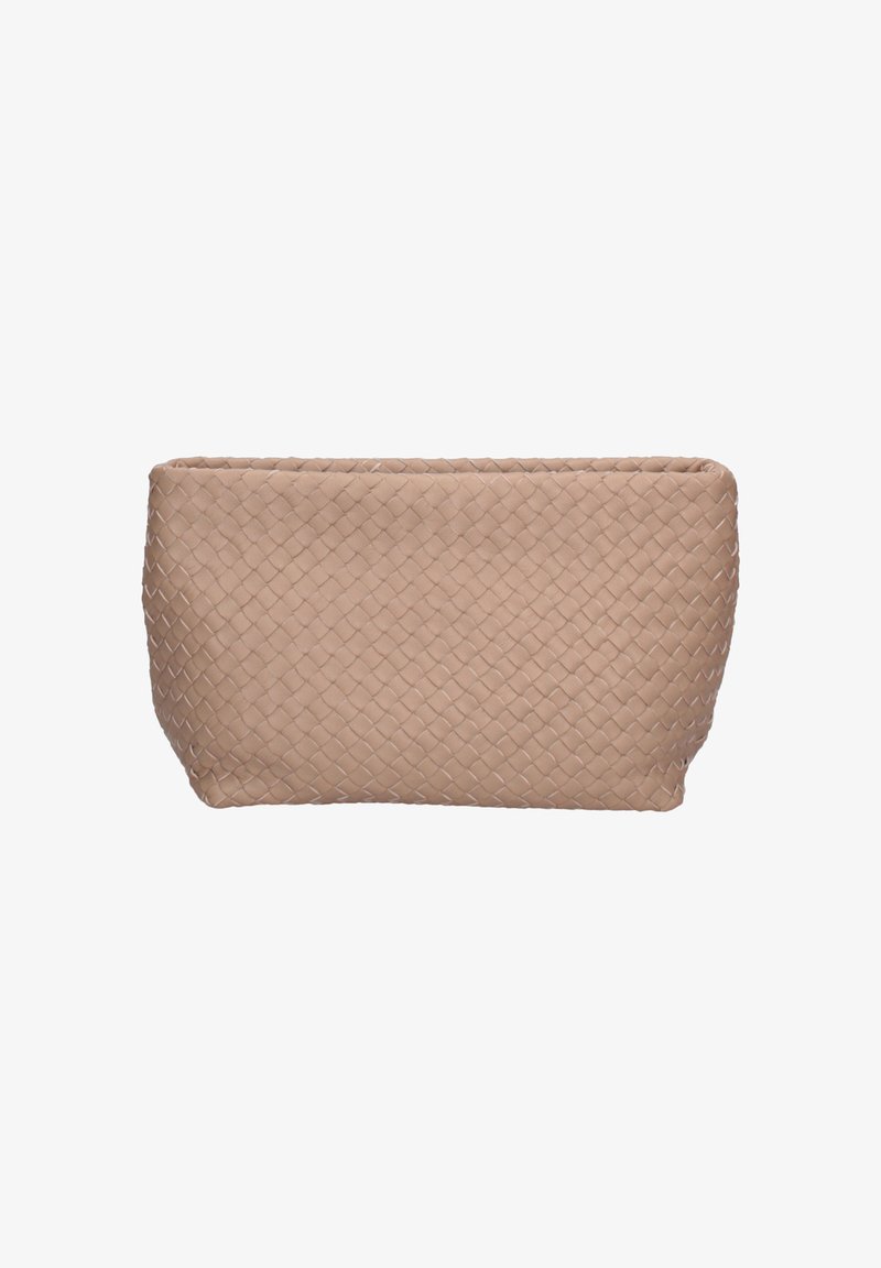 Pochette rectangulaire beige avec texture en cuir tressé et ouverture sur le dessus, photographiée sur un fond blanc.
