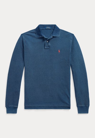 Long-sleeve polo shirt in dark blue cotton fabric, featuring a three-button placket, ribbed collar and cuffs, with a red logo on the chest.