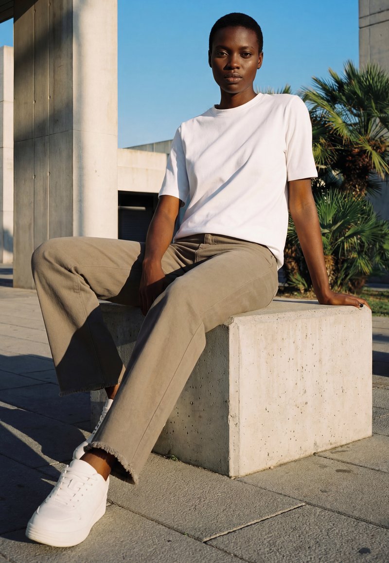 Young person wearing white T-shirt, beige pants, and white sneakers sits on concrete block outdoors with palm trees and buildings in background.