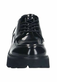 Chaussures en cuir verni noir avec un bout rond, un design à lacets, une semelle en caoutchouc épaisse et des coutures détaillées le long des bords. Style oxford classique.