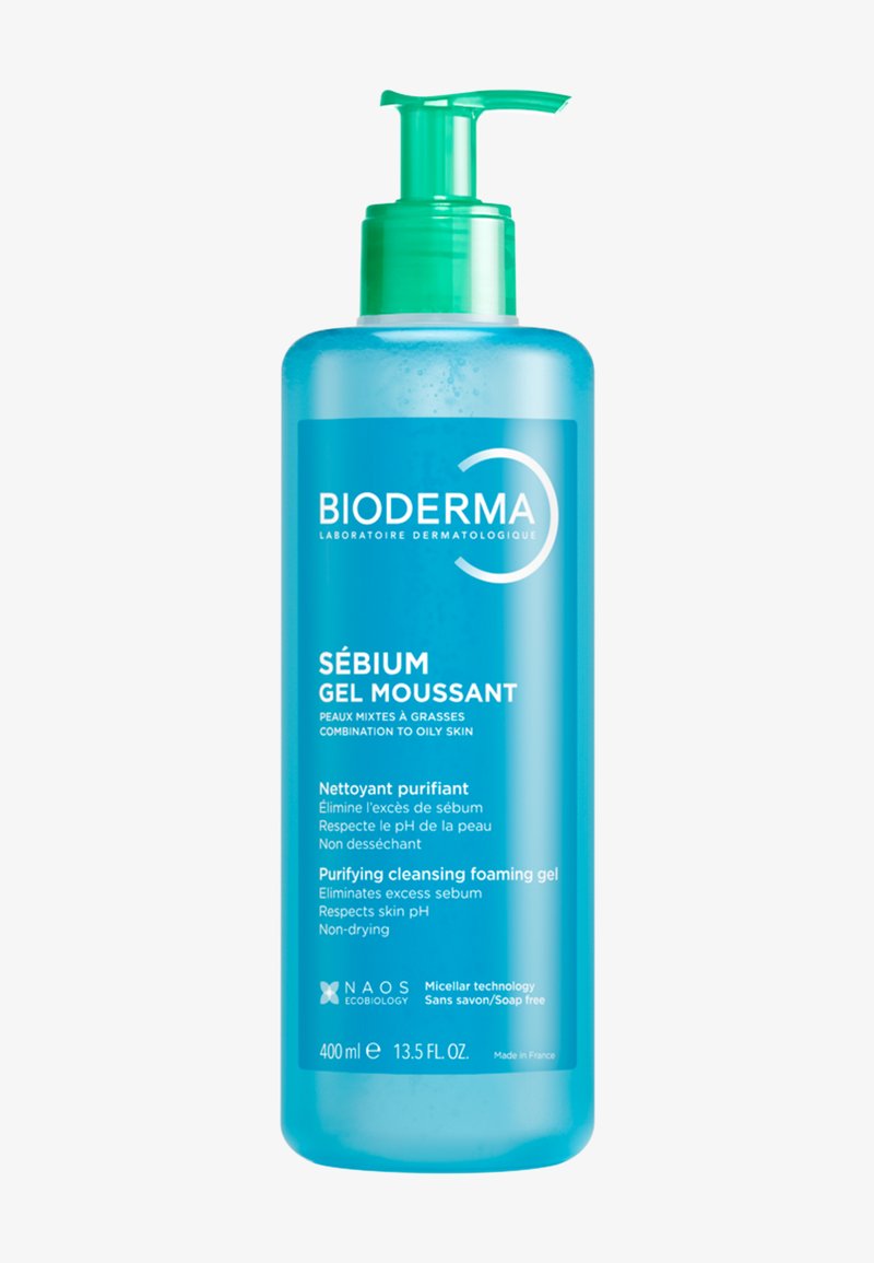 Blaue Flasche Bioderma Sébium Gel Moussant reinigendes Schaumbad mit grünem Spender, für Misch- bis fettige Haut, 400 ml.
