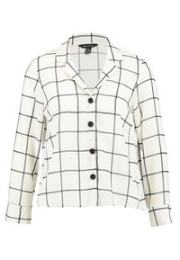 Blusa a maniche lunghe color crema con motivo a griglia nera, colletto a punta, chiusura con bottoni e polsini standard realizzati in tessuto liscio.