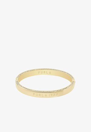 Gyldent Furla-armbånd med indlejrede krystaller langs kanterne og indgraveret "FURLA 1927" på ydersiden.