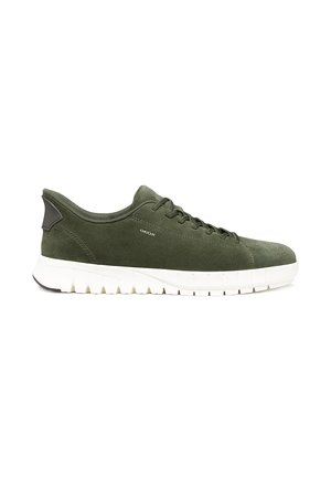 Olive green suede low-top sneaker with lace-up front, white textured sole, and black heel tab, branded Geox on the side.