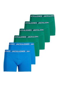 Set of five boxer shorts in blue and green colors. Made from soft fabric, featuring a contrasting "JACK & JONES" waistband.