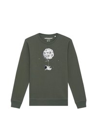 Donkergroene sweatshirt met een grafisch ontwerp van een astronaut die een maanballon vasthoudt, met witte details en een geribde onderrand en manchetten.