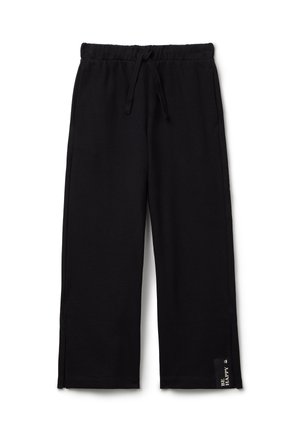 Pantaloni della tuta neri realizzati in un materiale morbido, con una cintura elastica dotata di cordoncino, fessure laterali all'orlo e un'etichetta del logo sul fondo.
