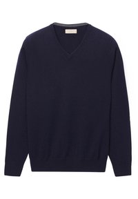 Pullover a V in navy realizzato in materiale morbido, con maniche lunghe, polsini a coste e orlo a coste per una silhouette aderente.