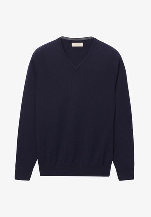 Pull en V bleu marine en matériau doux, doté de manches longues, de poignets côtelés et d'un ourlet côtelé pour une silhouette ajustée.