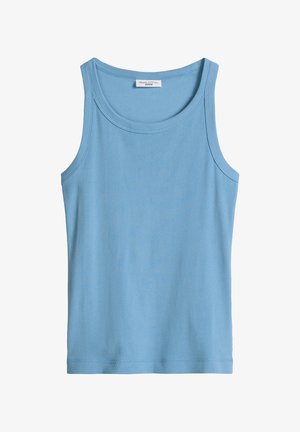Lichtblauw geribd mouwloos tanktop met een ronde halslijn en een klein wit label aan de binnenkant van de kraag.