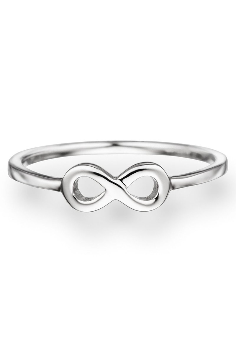 Bague en argent avec un symbole infini lisse comme design central sur une fine bande polie sur fond blanc.