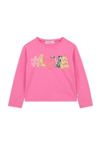 Roze lange mouwen t-shirt met "#LOVE" in multi-kleurige pailletten, met een ronde halslijn en een relaxte pasvorm. Zacht katoenen materiaal.