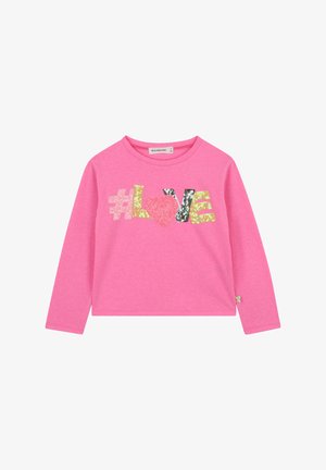 Roze lange mouwen t-shirt met "#LOVE" in multi-kleurige pailletten, met een ronde halslijn en een relaxte pasvorm. Zacht katoenen materiaal.