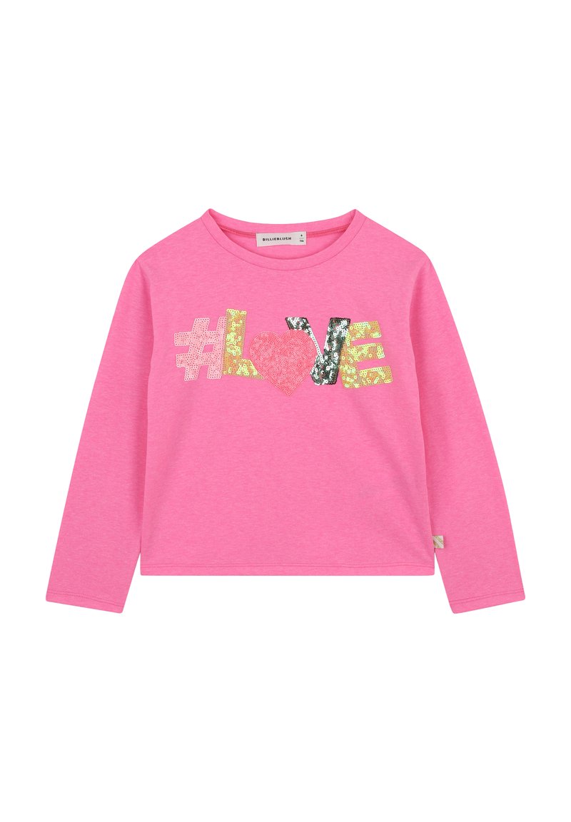 Roze lange mouwen t-shirt met "#LOVE" in multi-kleurige pailletten, met een ronde halslijn en een relaxte pasvorm. Zacht katoenen materiaal.