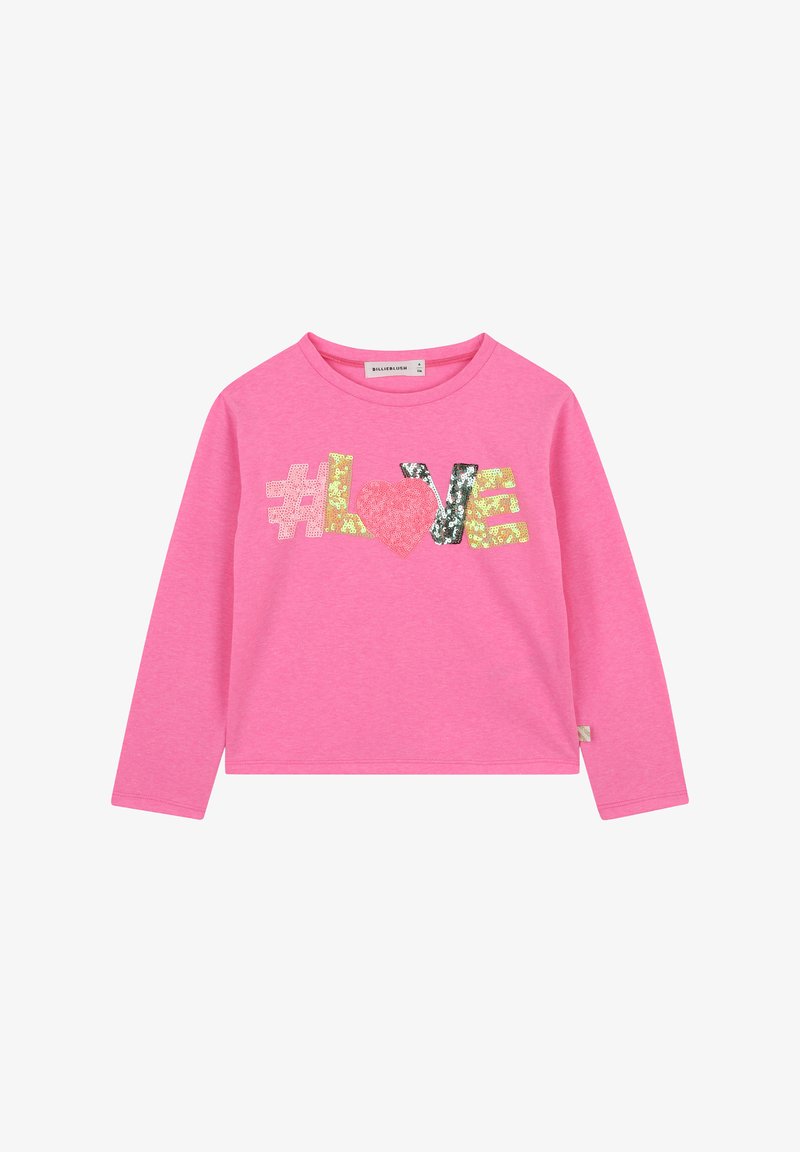 Roze lange mouwen t-shirt met "#LOVE" in multi-kleurige pailletten, met een ronde halslijn en een relaxte pasvorm. Zacht katoenen materiaal.